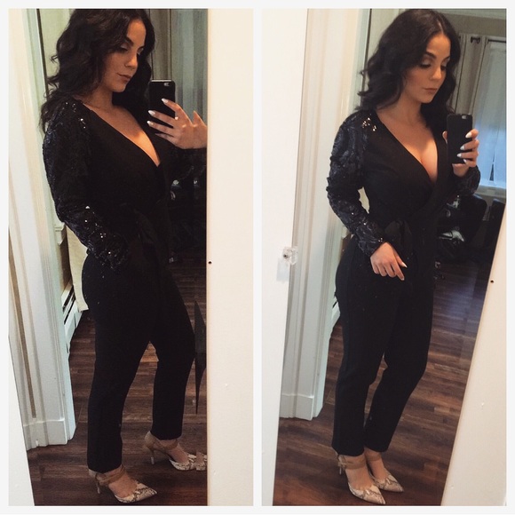 Little Mistress wrap front jumpsuit sequin sleeves. - Picture 3 of 11